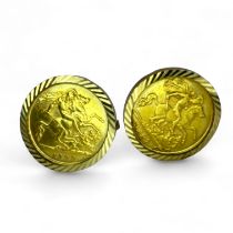 A pair of 9ct gold cufflinks, each set with an Edward VII gold half sovereign. dated 1907 and