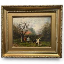 Oil on canvas of cows and cow herd. signed W S Hulk. In a gilt frame . Frame size approximately 38cm