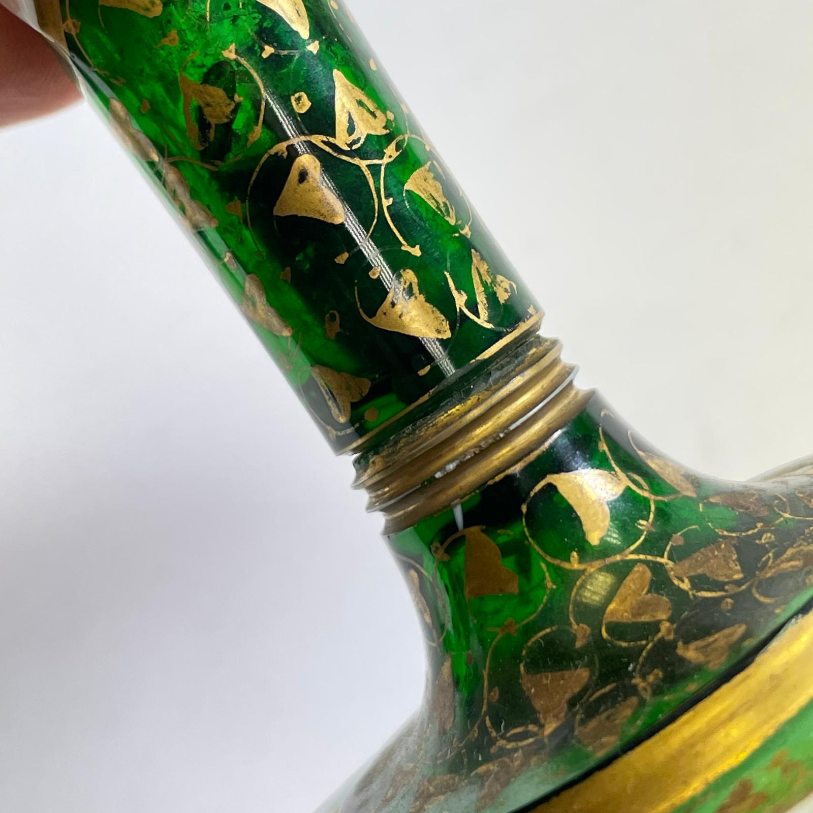 A pair of Bohemian Green Glass Trumpet vases with floral decoration.  10cm diameter x 29 cm tall. - Image 6 of 6