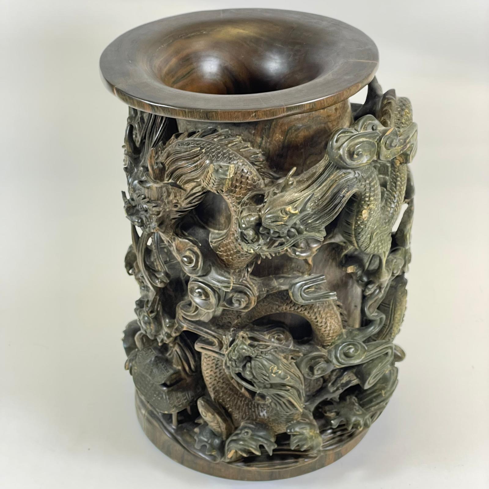 Large Deeply Carved Hardwood Chinese Brush Pot / Vase. Profusely Decorated With Dragons & - Image 2 of 9