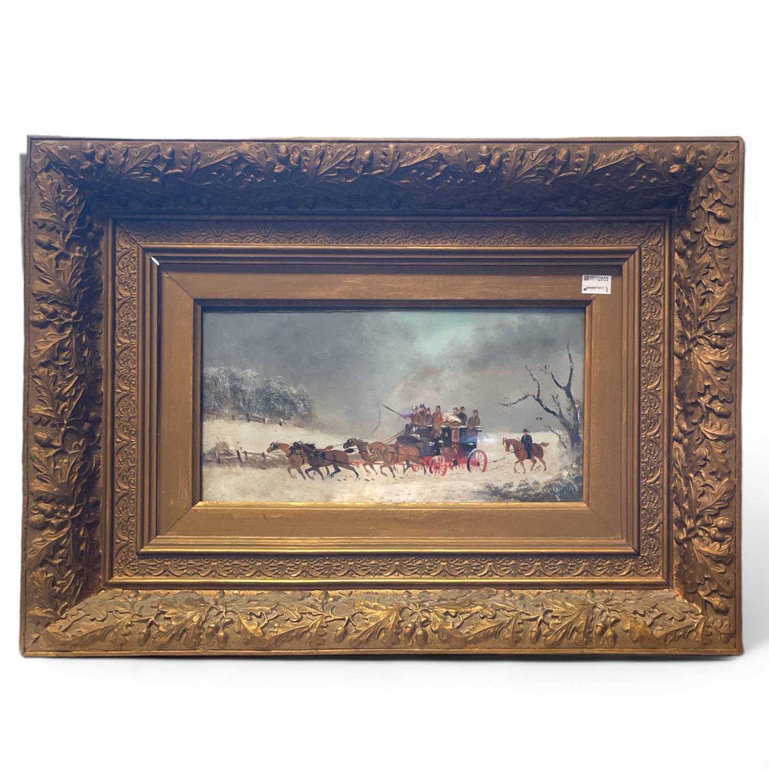 A pair of coaching scenes, oil on board signed indistinctly in gilt frames. Frame size 61cm by 43cm - Image 3 of 3