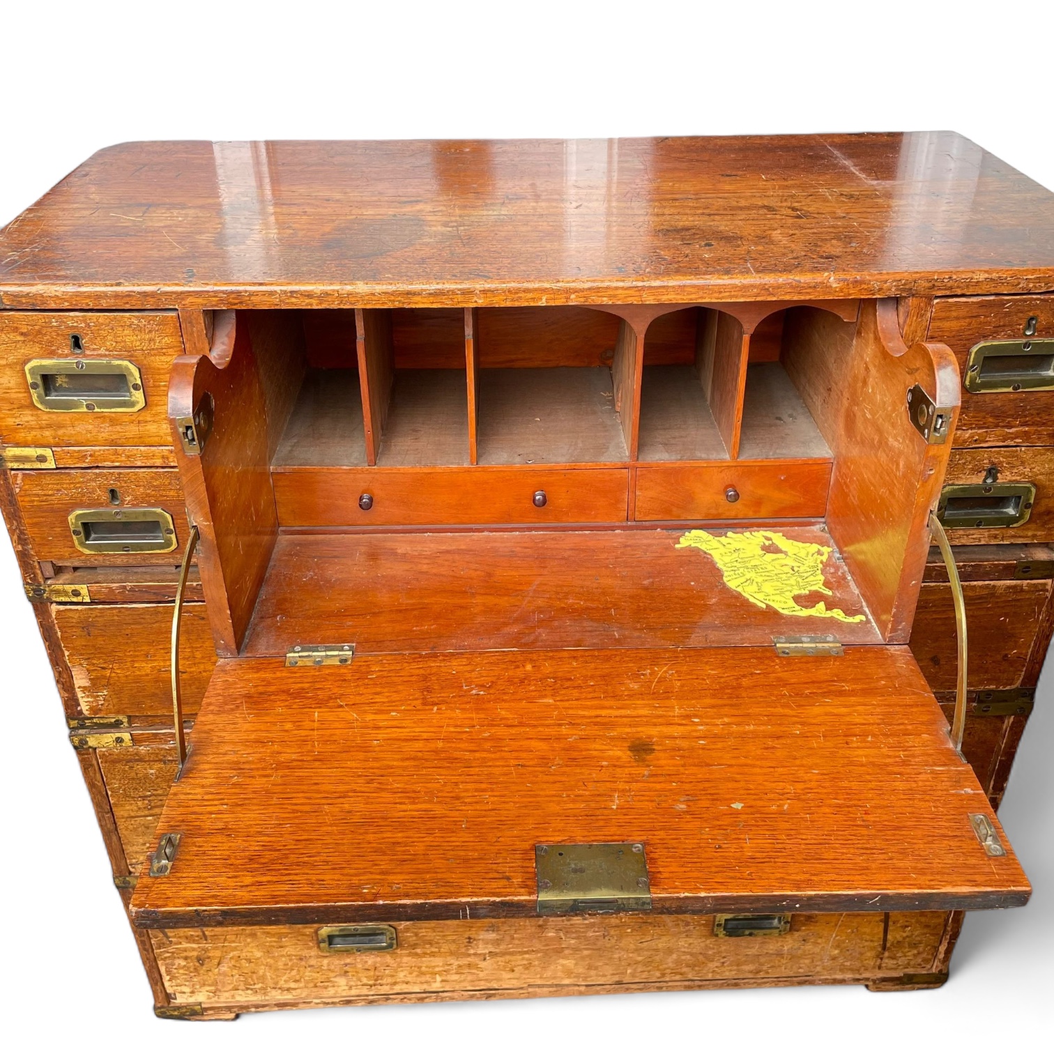 A 19th Century oak two section campaign secretaire chest, with a central secretaire drawer flanked - Image 9 of 9