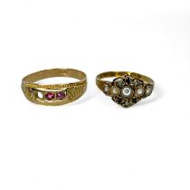 A 15ct gold seed pearl and green backed paste panel ring, together with another ruby set ring (one