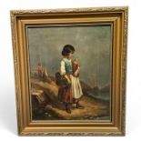 A 19th century oil on canvas. Child with doll watching a sailing ship in the distance.  In modern