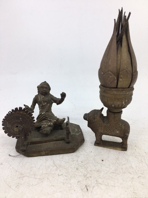 A collection of three Indian bronze items together with a bronze figure of a frog H: 15.5cm ( - Image 5 of 6
