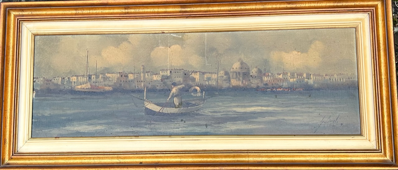 An interesting large 20th cent Italian oil study of Venice signed, labels verso - Image 2 of 3
