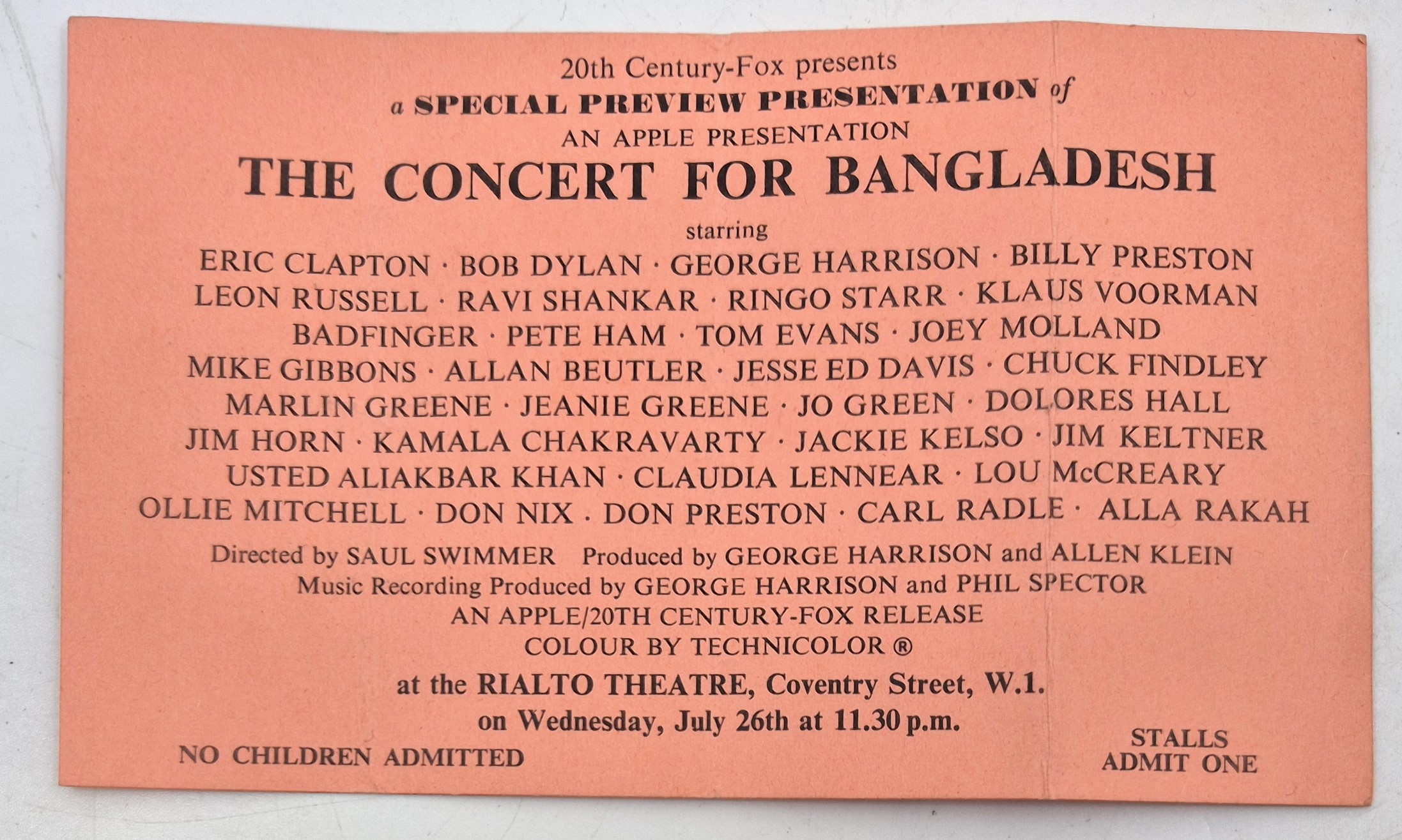 "The Concert for Bangladesh", a screening ticket/handbill for the special preview presentation shown