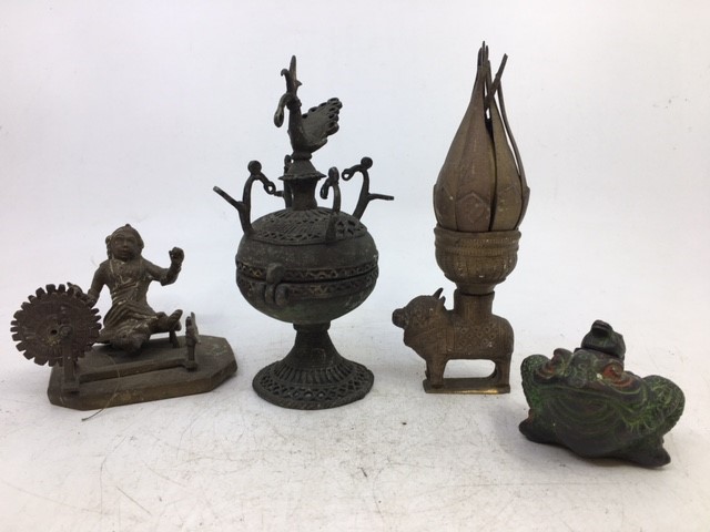 A collection of three Indian bronze items together with a bronze figure of a frog H: 15.5cm (