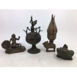 A collection of three Indian bronze items together with a bronze figure of a frog H: 15.5cm (