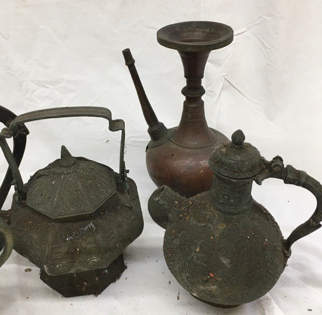 A large collection of Indian metal jugs tother with a rose water sprinkler (some a/f) - Image 3 of 3