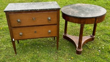 A 19th cent French marble topped table and similar chest