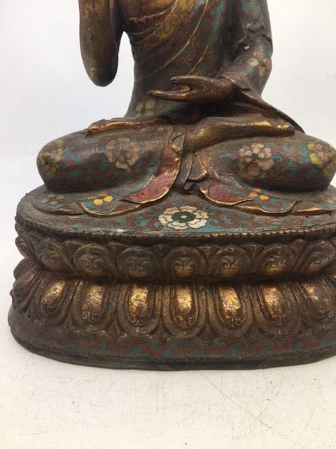 A Chinese bronze Cloisonne decorated   Buddha, H:33cm approx. - Image 3 of 5