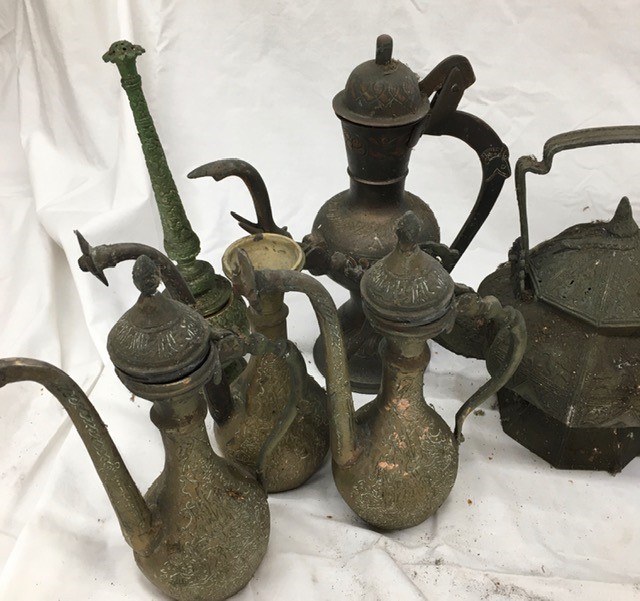 A large collection of Indian metal jugs tother with a rose water sprinkler (some a/f) - Image 2 of 3