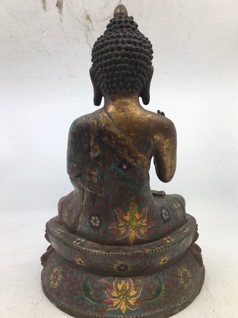 A Chinese bronze Cloisonne decorated   Buddha, H:33cm approx. - Image 4 of 5