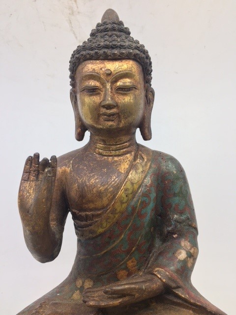 A Chinese bronze Cloisonne decorated   Buddha, H:33cm approx. - Image 2 of 5