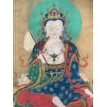 A large 19th cent scroll painting on vellum of Guanyin  80cm wide 160cm long  good order some