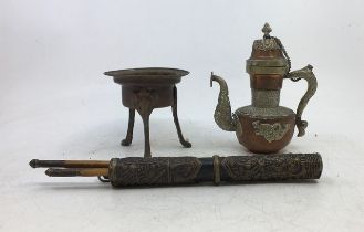 A collection of three Sino-Tibetan items to include a Sino-Tibetan brass pot. (3)