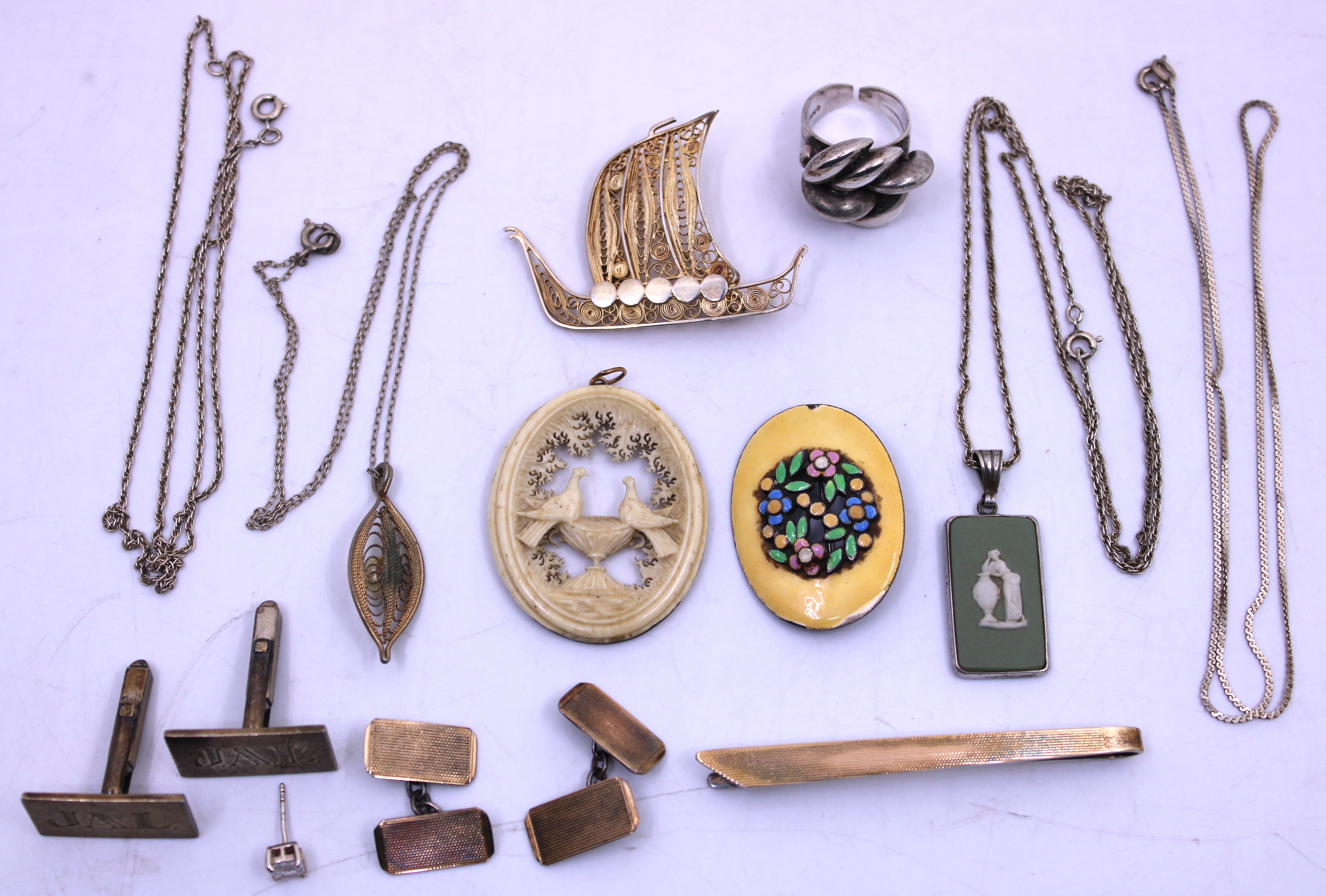 Selection of Silver Jewellery.  To include a L.B Denmark Sterling Silver Ship Brooch, a Sterling