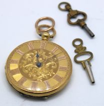 Victorian Continental 18ct Yellow Gold Ladies Pocket/Fob watch with two watch keys.  It is