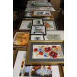 A quantity of pictures prints and watercolours to include; cottage scenes and flowers etc. (/)