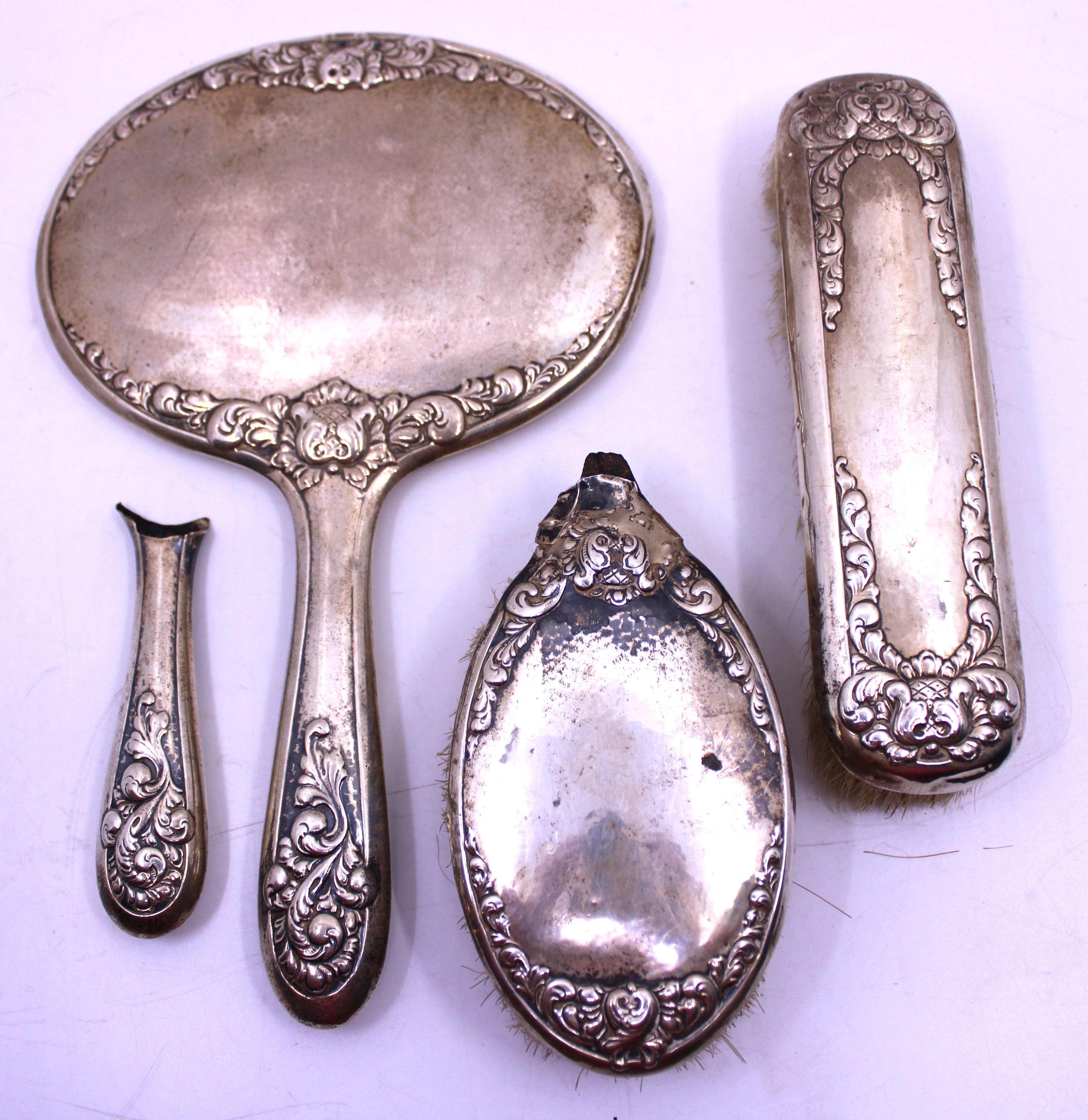 "830" Norwegian Silver Backed Vanity Set.  To include a Clothes Brush, a Brush with broken handle
