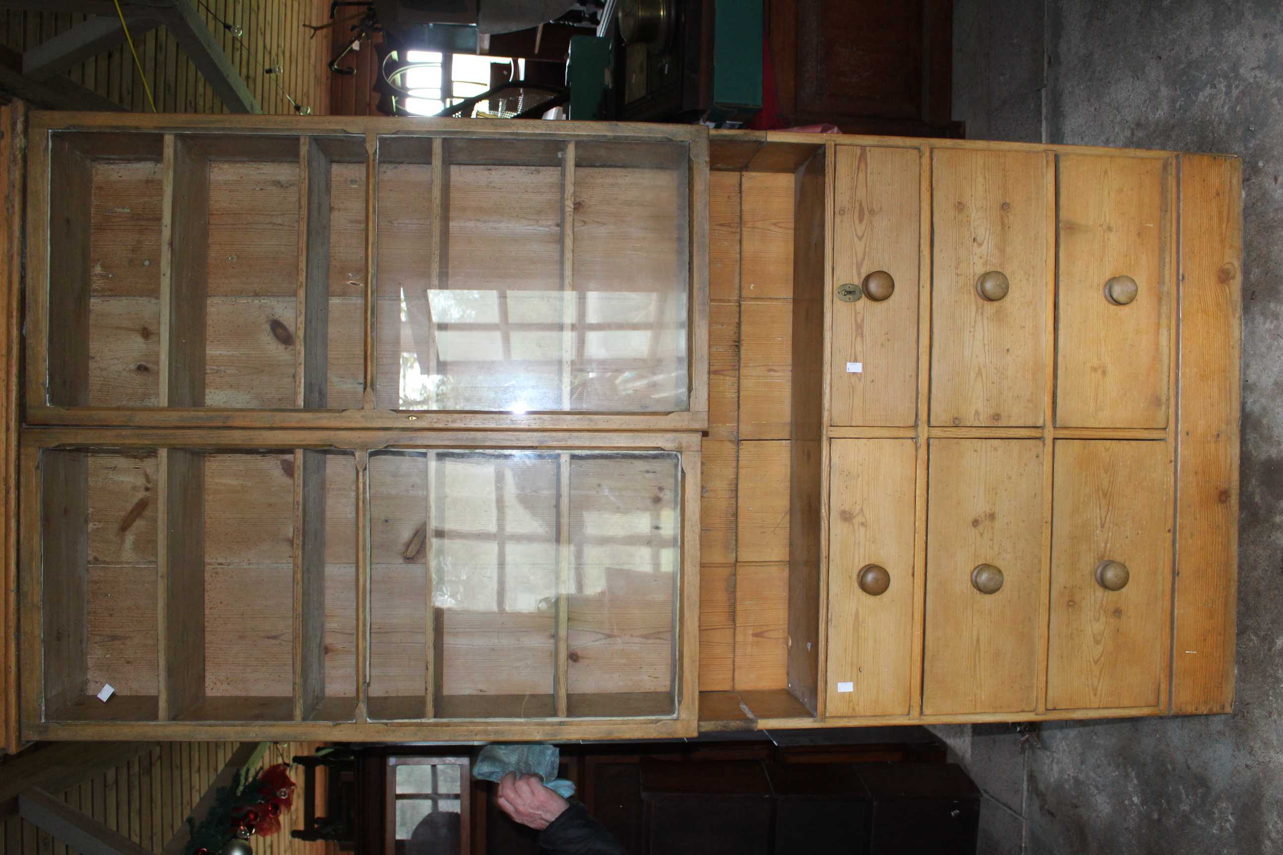 2 piece narrow farmhouse pine kitchen unit/larder glazed top is removable for transportation, some