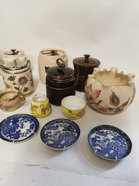 A collection of pottery tobacco jars together with other pottery items to include small gilt cream - Image 3 of 3
