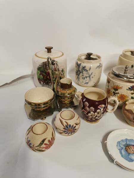 A collection of pottery tobacco jars together with other pottery items to include small gilt cream - Image 2 of 3