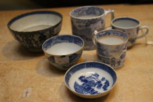 A collection of late 18th/ early 19th century blue and white ceramics to include Mason coffee can,
