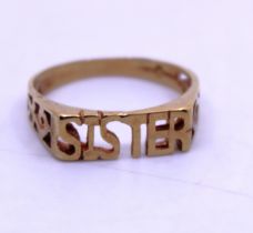 9ct Yellow Gold "SISTER" ring.  Ring Size N.  Total weight of the ring is approx. 1.9 grams.