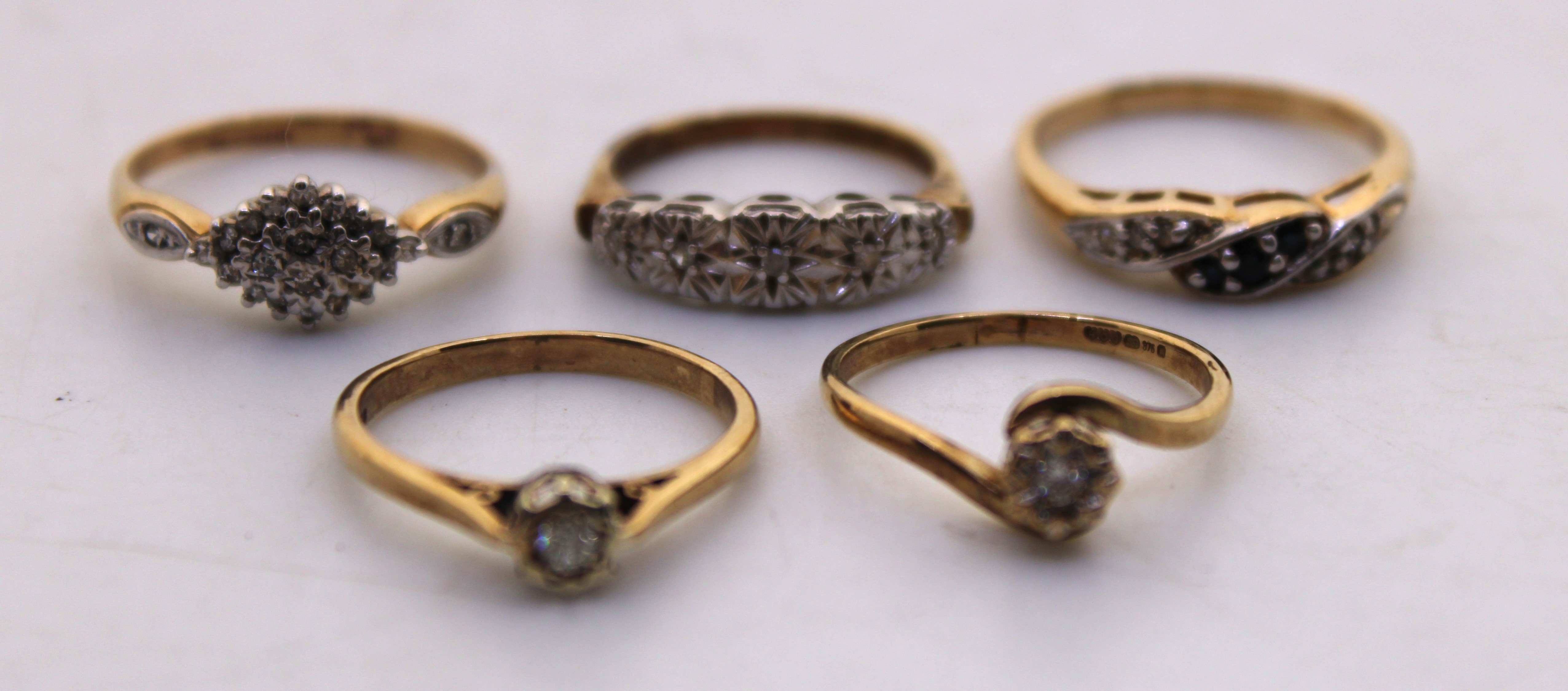 Selection of Five 9ct Gold Diamond Rings. The biggest Total Diamond Carat Weight is approx. 0.