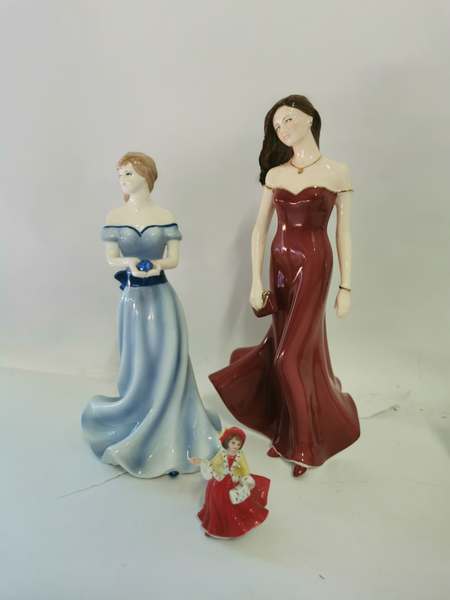 Two Royal Worcester porcelain ladies, together with a miniature Royal Doulton lady. (3)