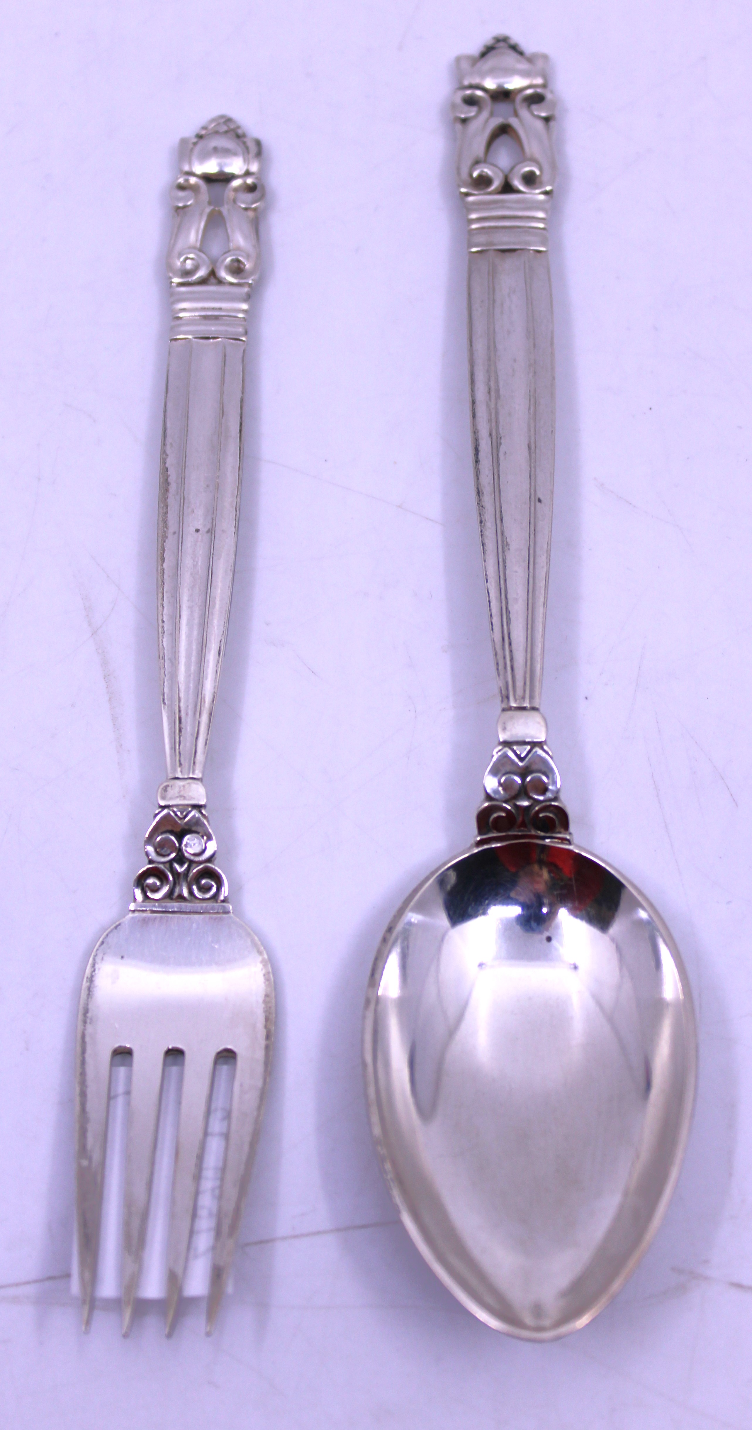 Georg Jensen Sterling Silver Spoon and Fork in the Acorn Pattern.  The Acorn Pattern was one of