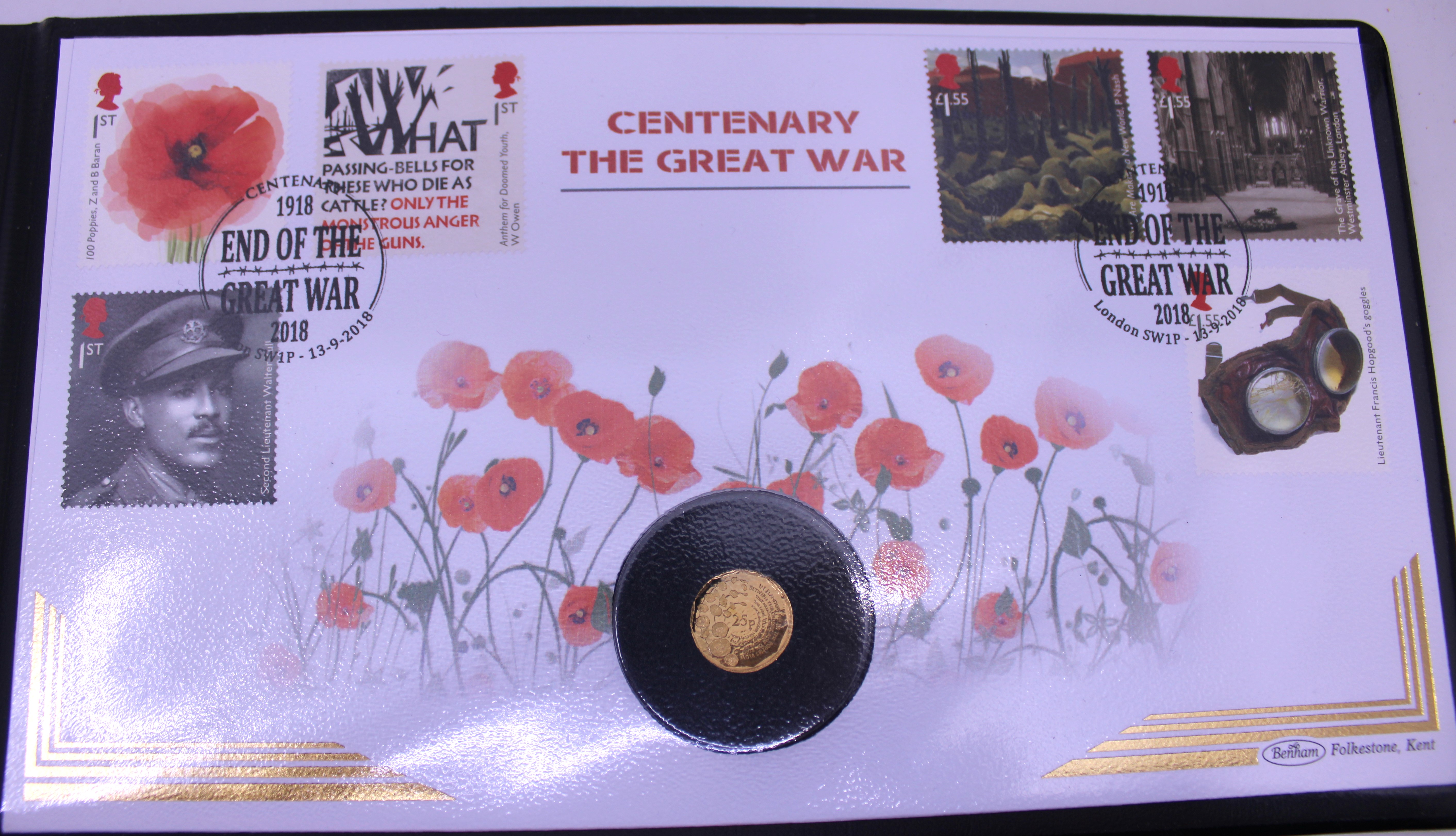 The Centenary of World War I Solid Gold Coin Cover with Certificate of Authenticity. Limited Edition
