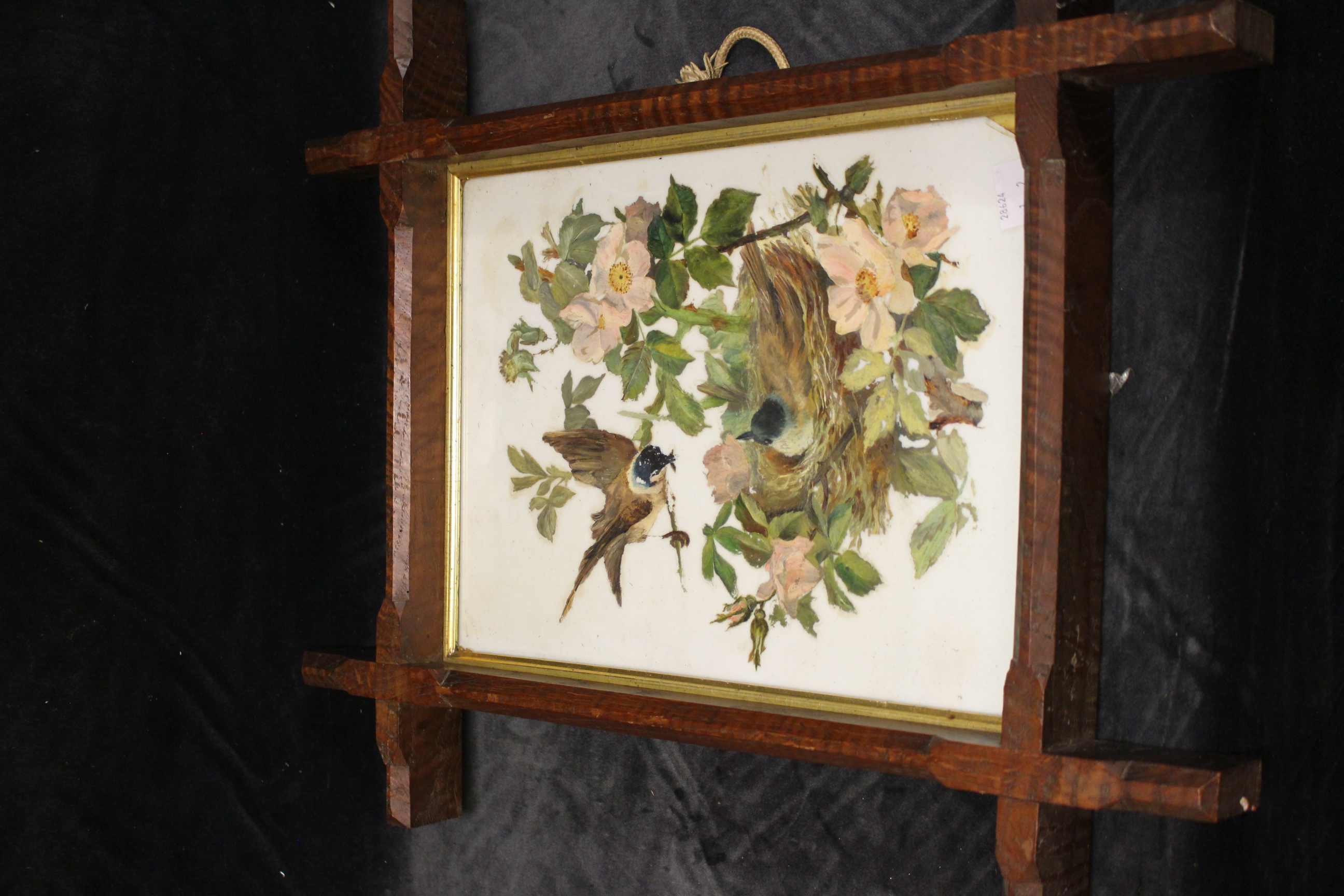 A pair of Victorian paintings, nesting birds in foliage and flowering foliage, oil on ceramic, 33.