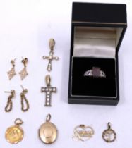 Selection of 9ct Gold and 18ct Gold Jewellery.  To include; a 9ct White Gold Pink Gem-Set ring, a