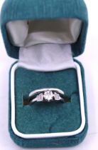 18ct White Gold Old European Cut Diamond Ring with Baguette Cut Diamond Shoulders with a Platinum