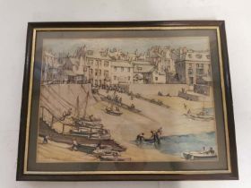 Watercolour of a harbour scene by Stanley Smith ARCA titled London The Slipway St Ives No. 246.
