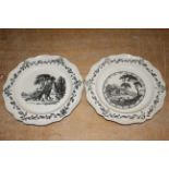 Two Liverpool Sadler and Green creamware plates printed in black with figures in landscapes, moulded