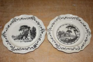 Two Liverpool Sadler and Green creamware plates printed in black with figures in landscapes, moulded
