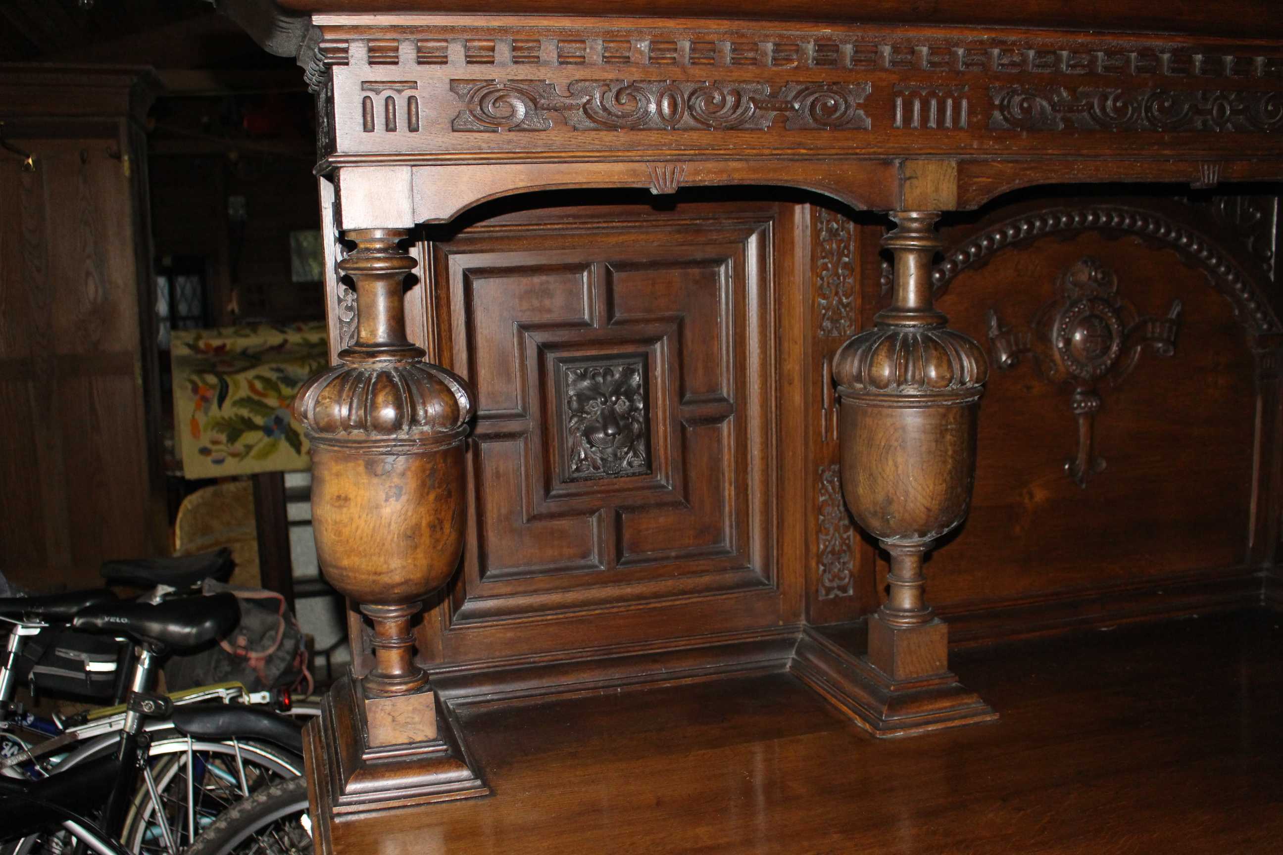 A very large victorian dresser having a raised panel back with the letters J & S carved scroll and - Image 3 of 6