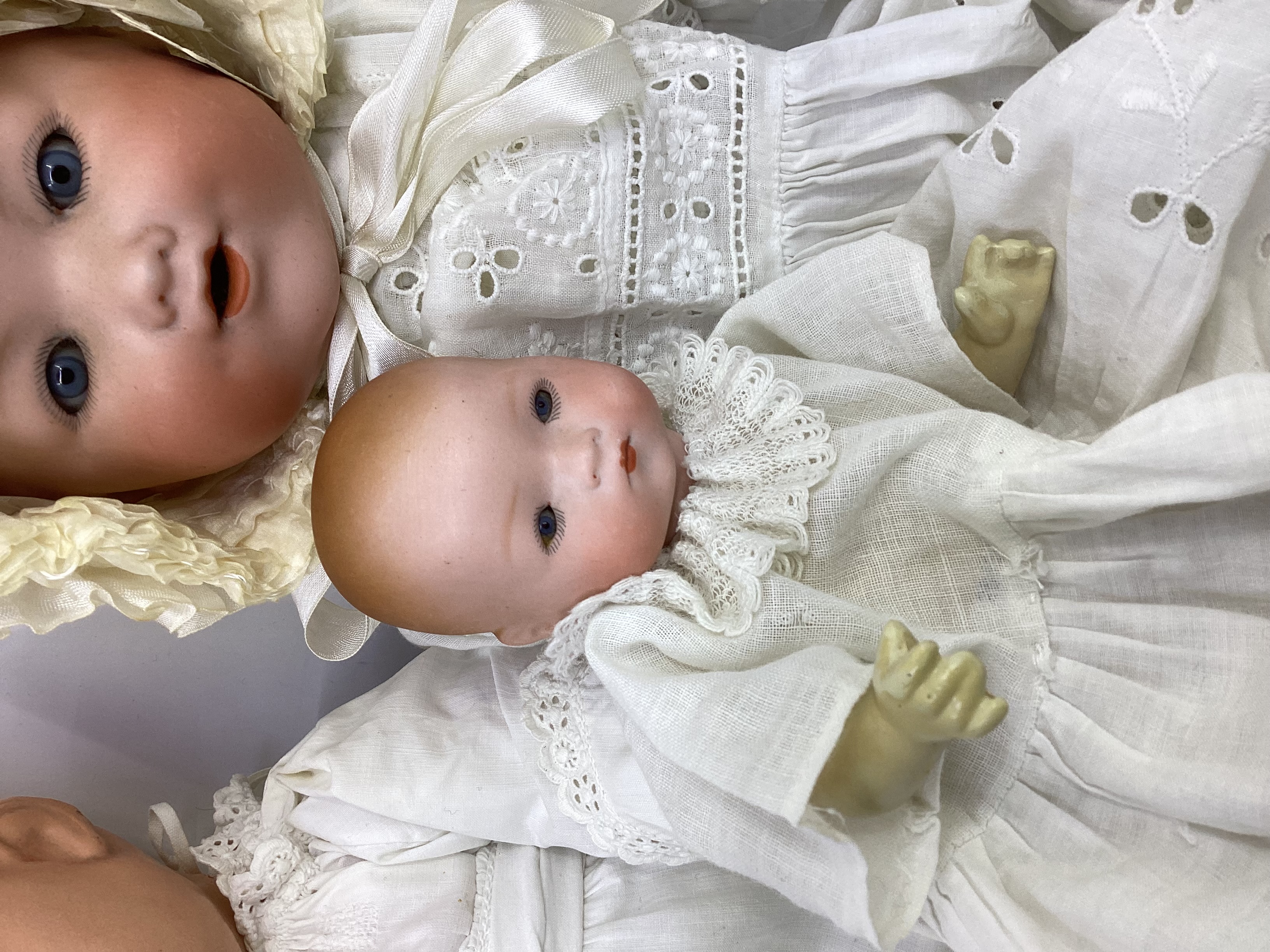 Antique dolls trio to include a dream baby with bisque head  with original shaped stitched baby body - Image 2 of 3