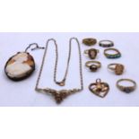 Selection of 9ct Gold Jewellery and a Sterling Silver Cameo Brooch.  To include Seven 9ct Gold