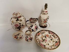 A collection of Masons pottery in Mandalay pattern to include a ginger jar, jug, lamp, plate, vase