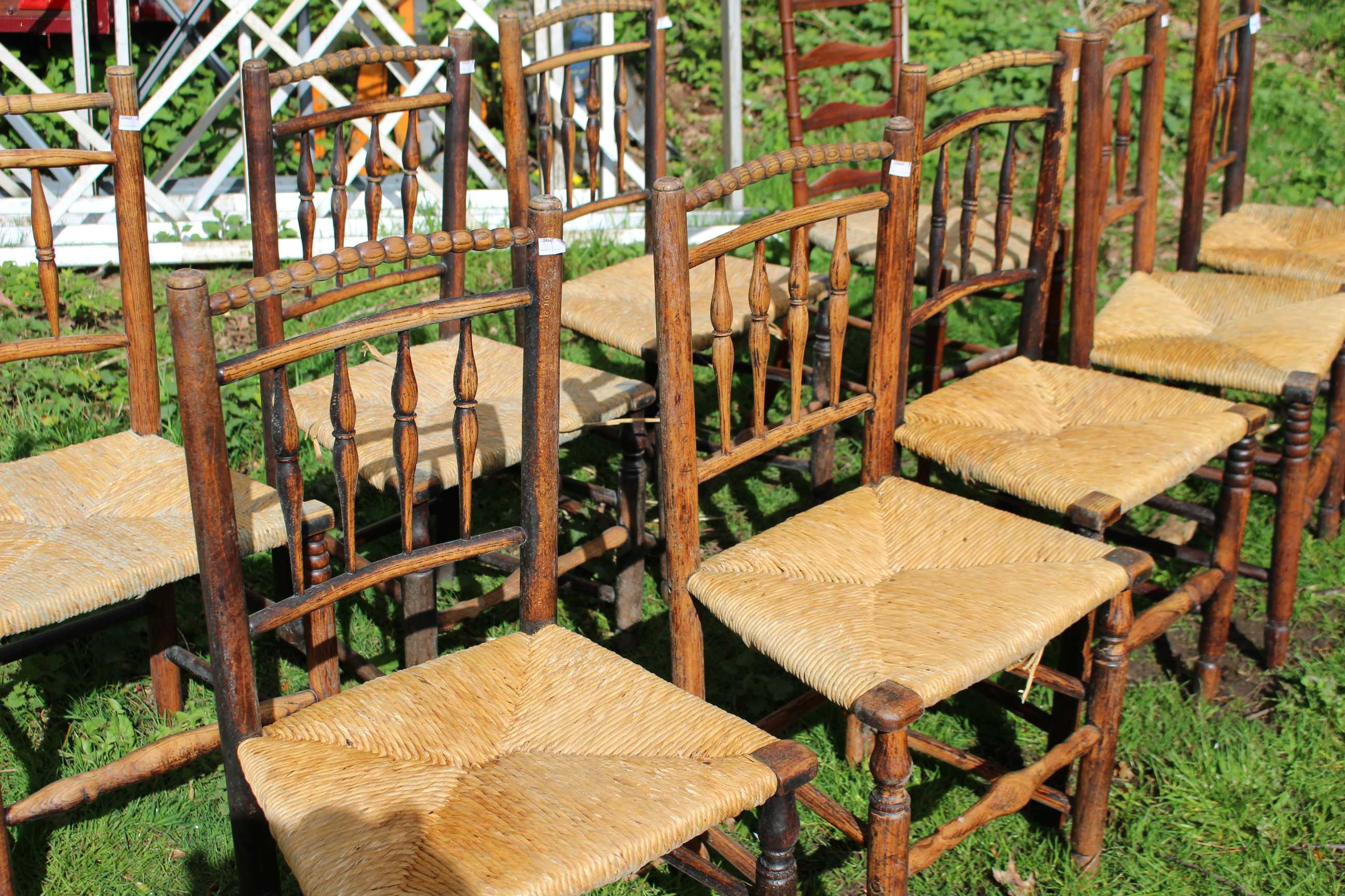 Nine c1900 Rush seated mostly spindle back chairs. (9) - Image 3 of 3