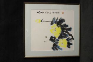 A contemporary Chinese painting of yellow flowers and bees. Signed