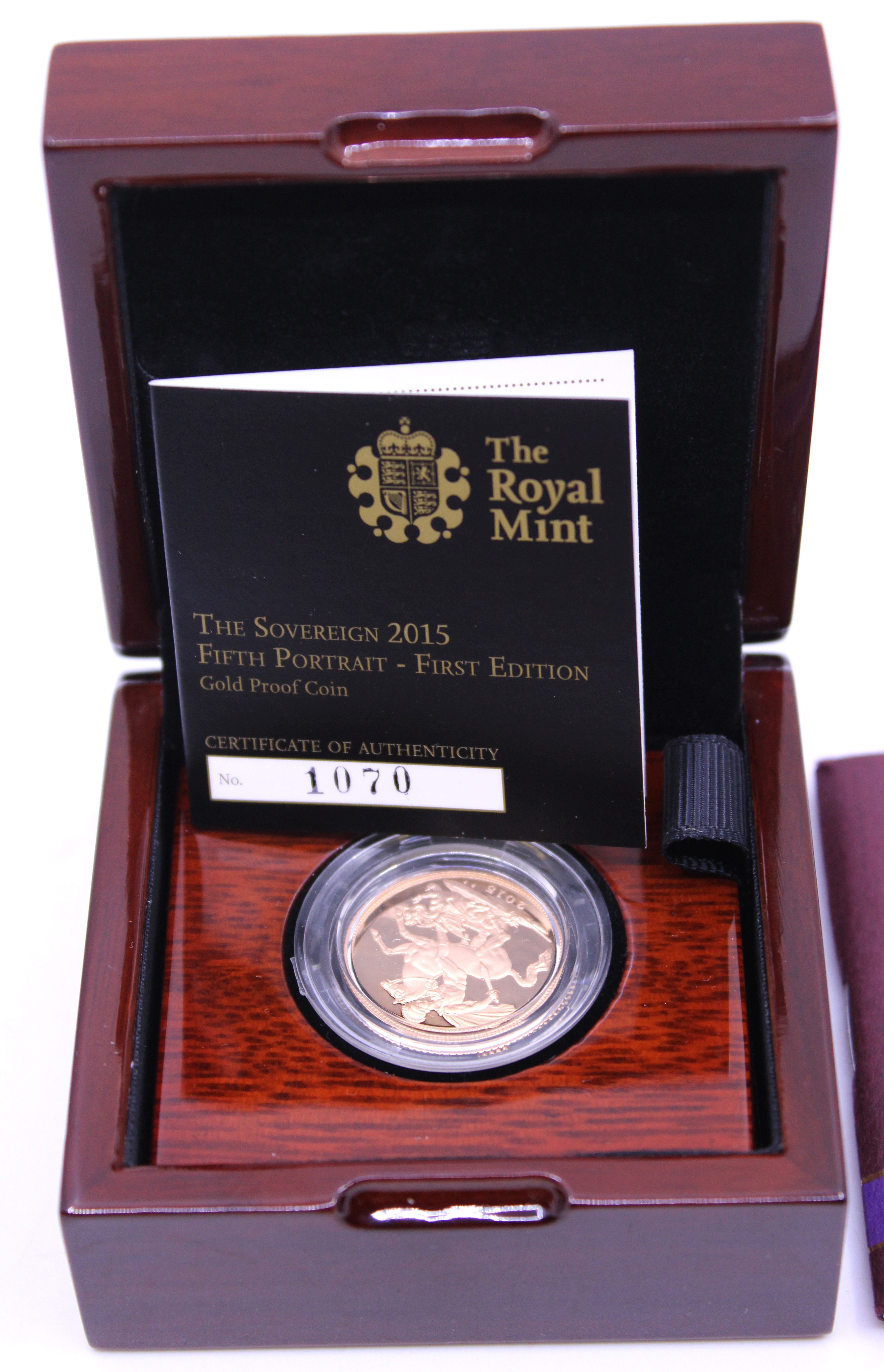 The Royal Mint The Sovereign 2015 Fifth Portrait- First Edition Gold Proof Coin. Boxed with