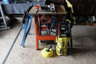 Table Saw and Bench 2 further work benches Karcher pressure washer and set of car ramps all items