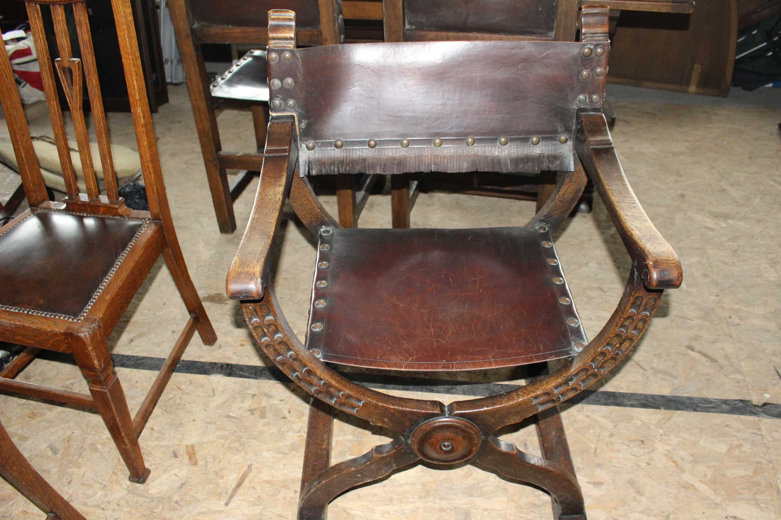 A 1930s oak dining room draw leaf table. Complete with 4 x leather seated chairs and 1 x arts and - Image 6 of 9