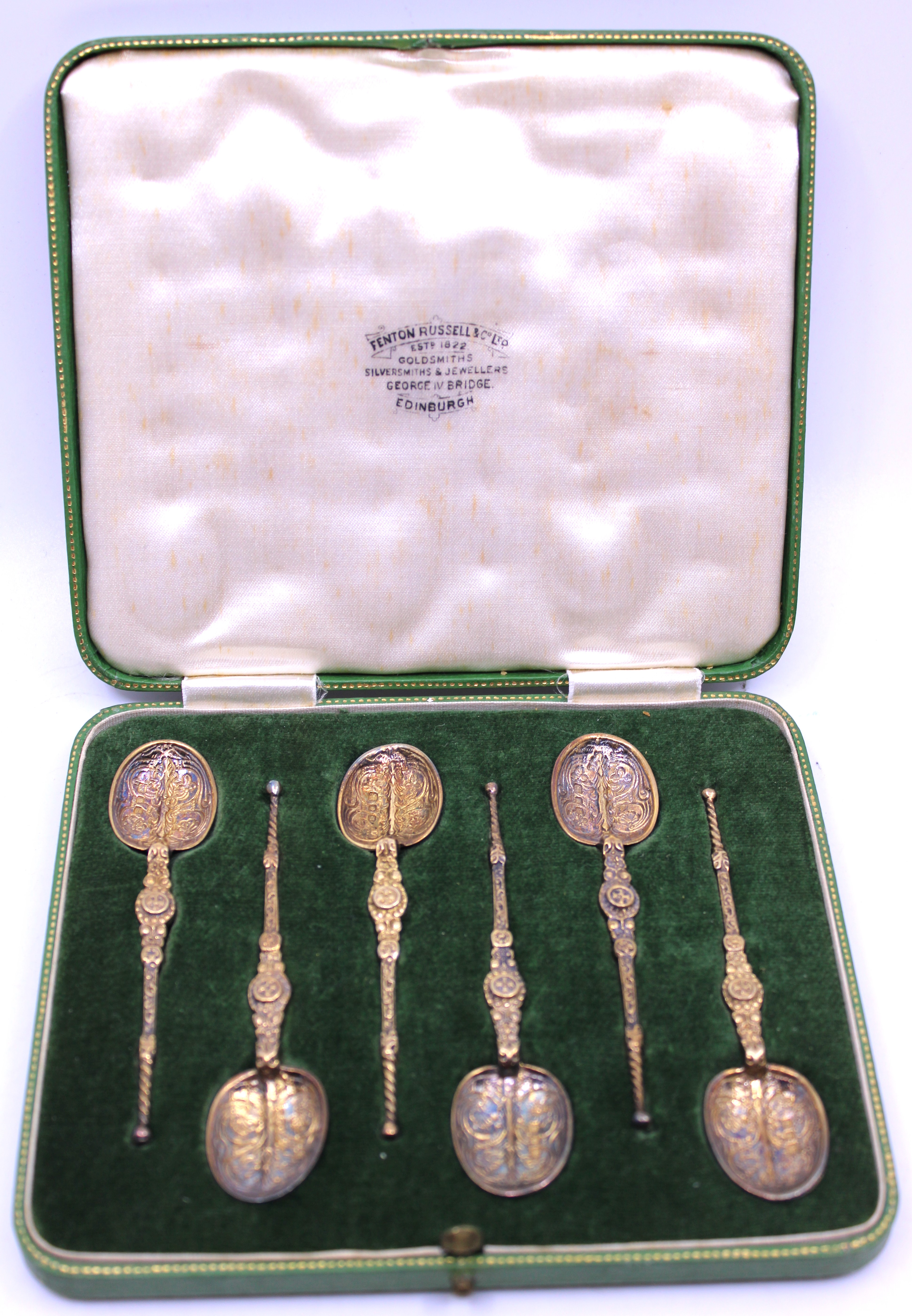 Set of Six Sterling Silver Art Deco Ornate Coffee Spoons. Boxed.  The Spoons are hallmarked with the